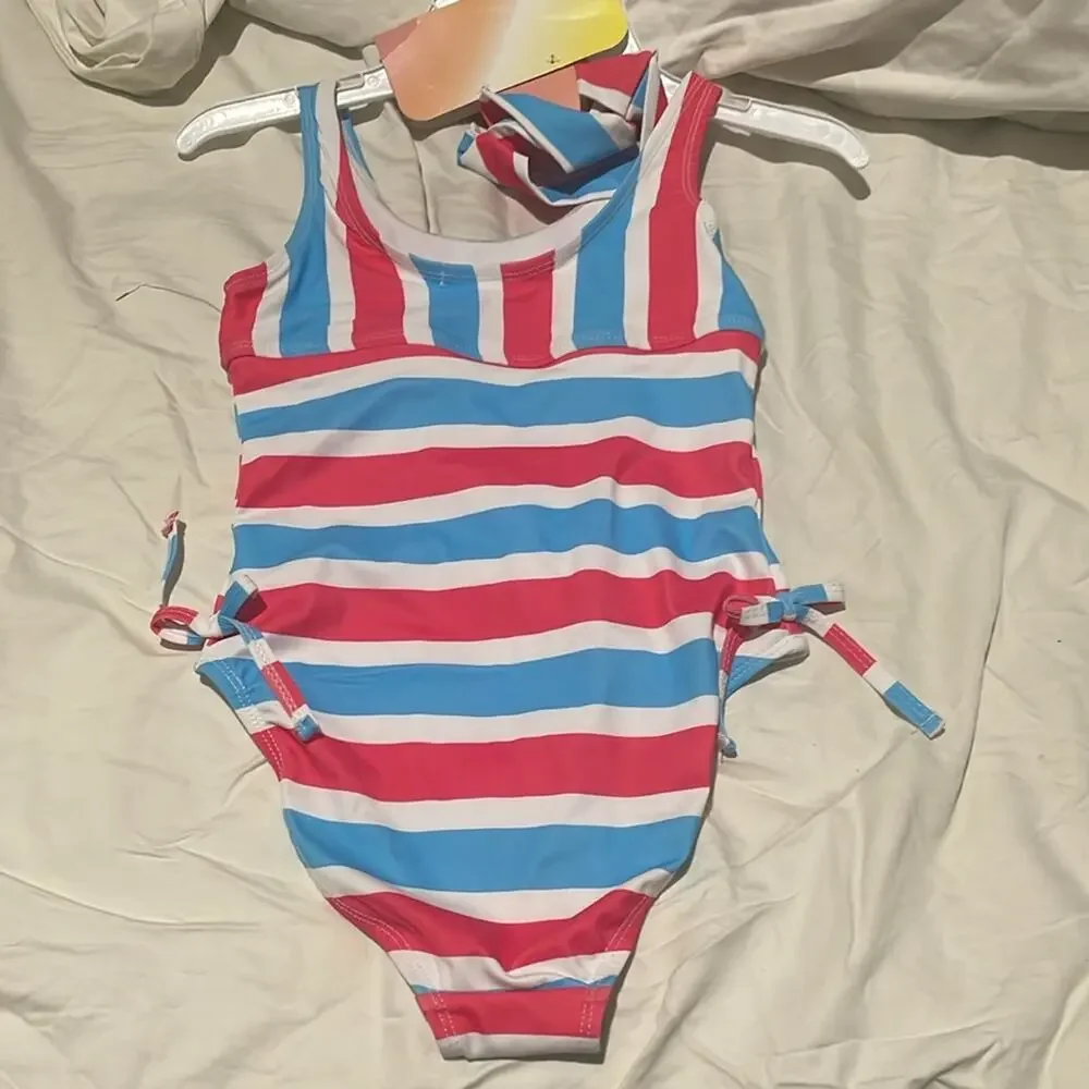Sunset sky 7 one piece red blue white cut out hair band matching nwt bows at hip
